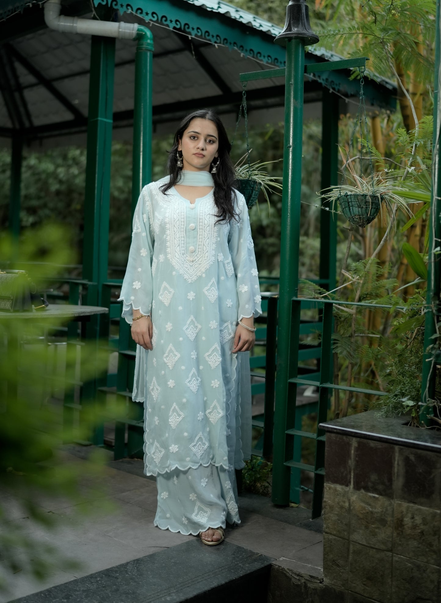 Pure Crepe Sky Blue Chikankari Kurta Set with Dupatta