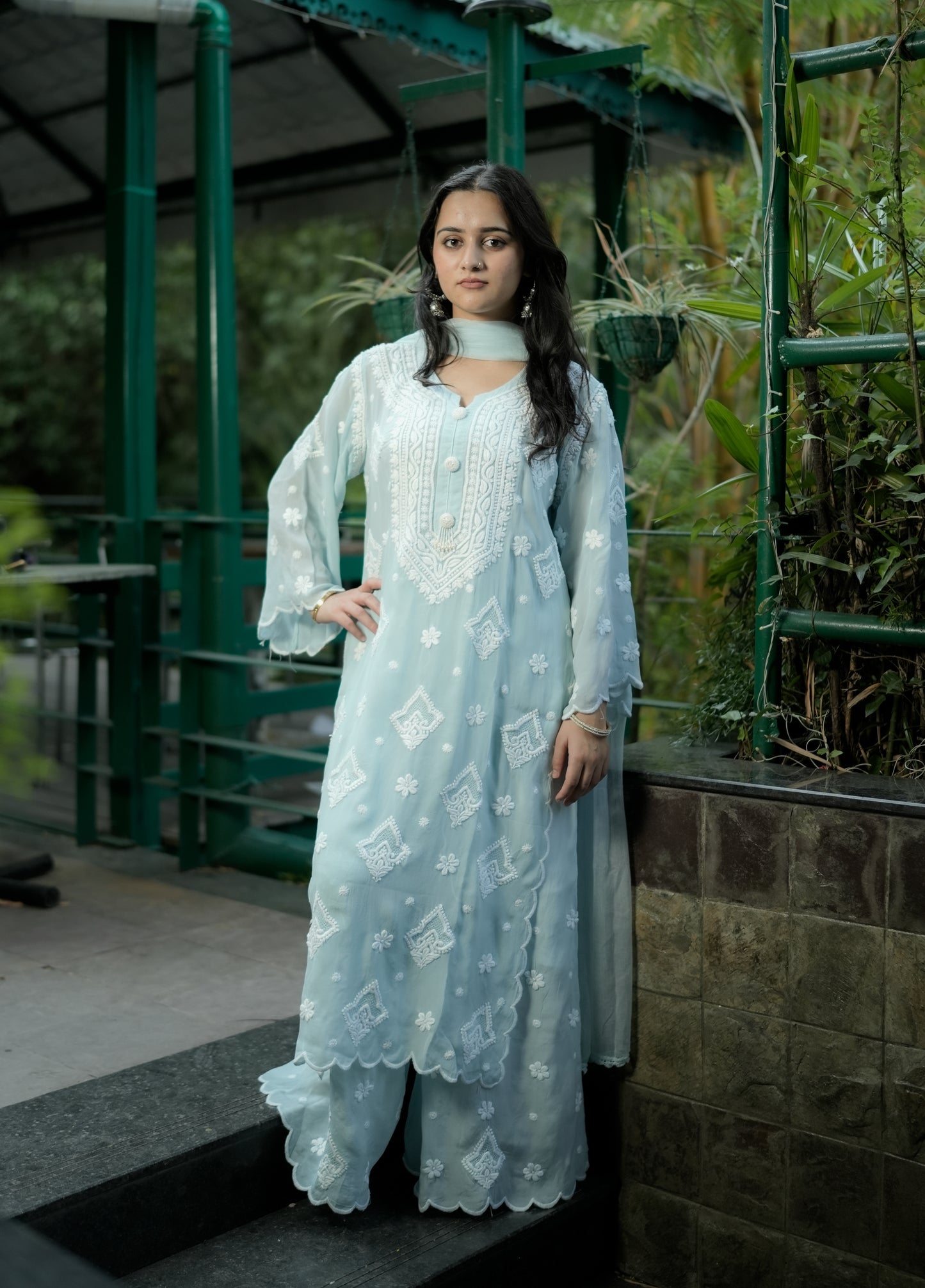Pure Crepe Sky Blue Chikankari Kurta Set with Dupatta