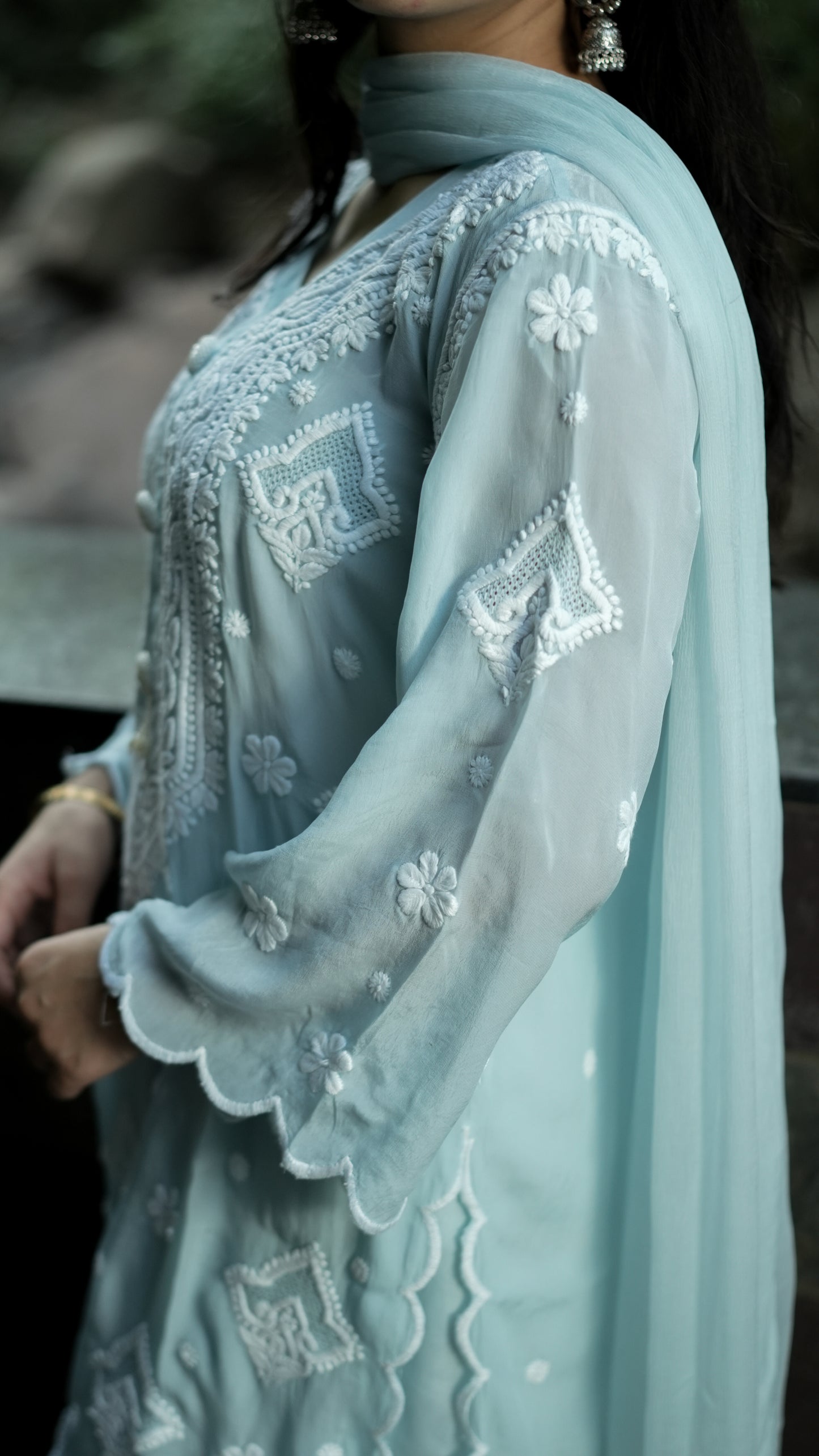 Pure Crepe Sky Blue Chikankari Kurta Set with Dupatta