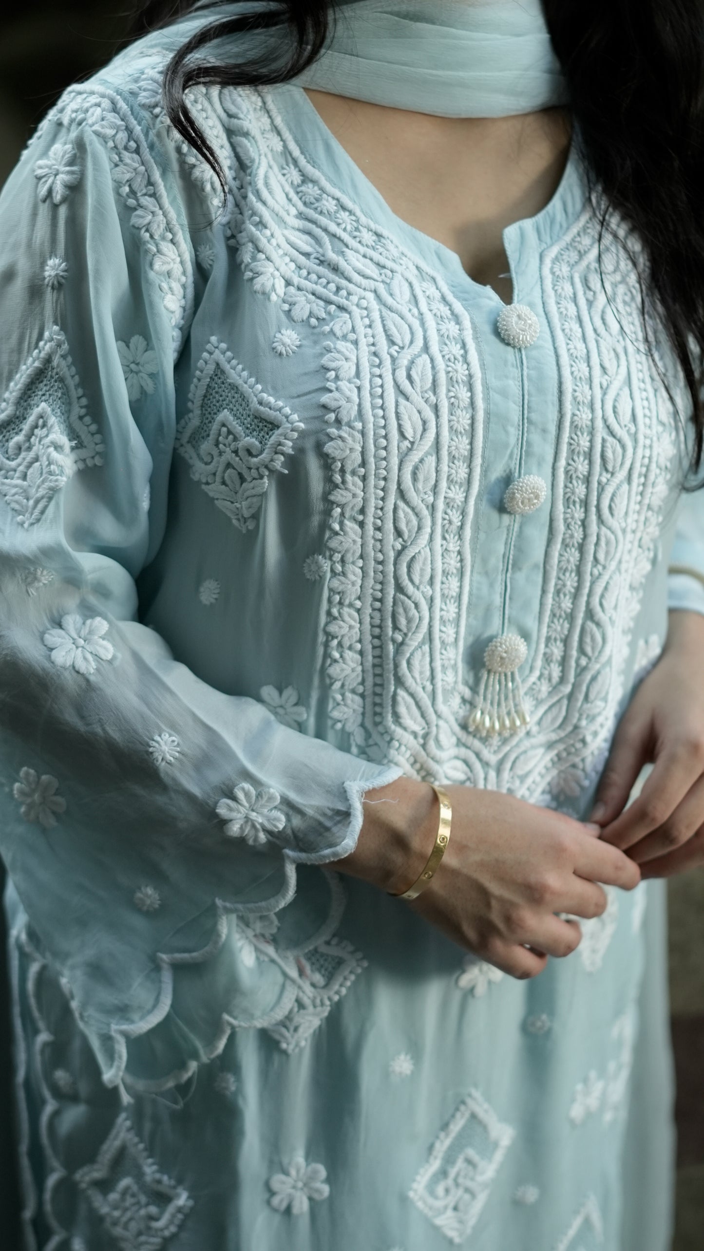 Pure Crepe Sky Blue Chikankari Kurta Set with Dupatta