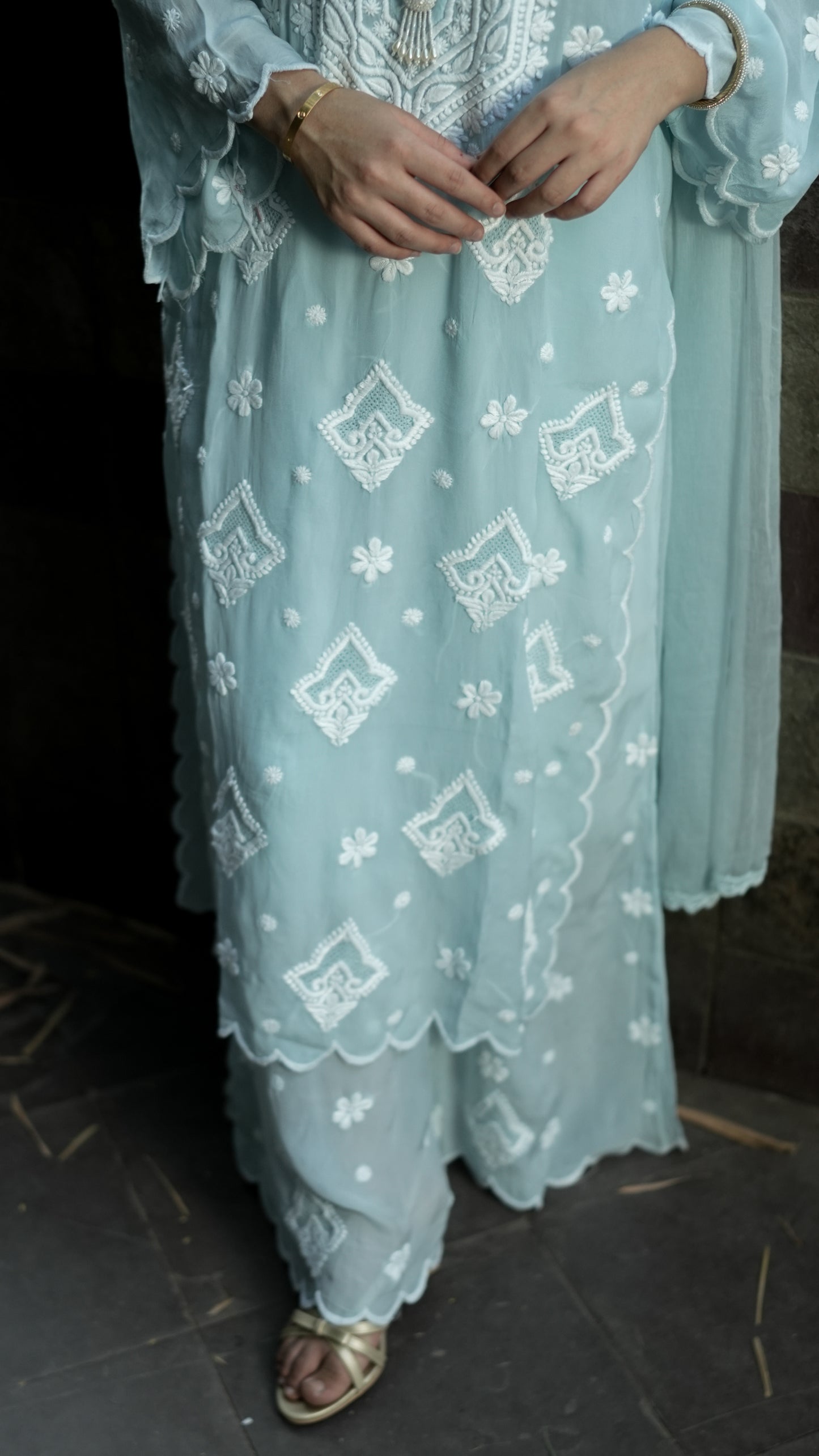 Pure Crepe Sky Blue Chikankari Kurta Set with Dupatta