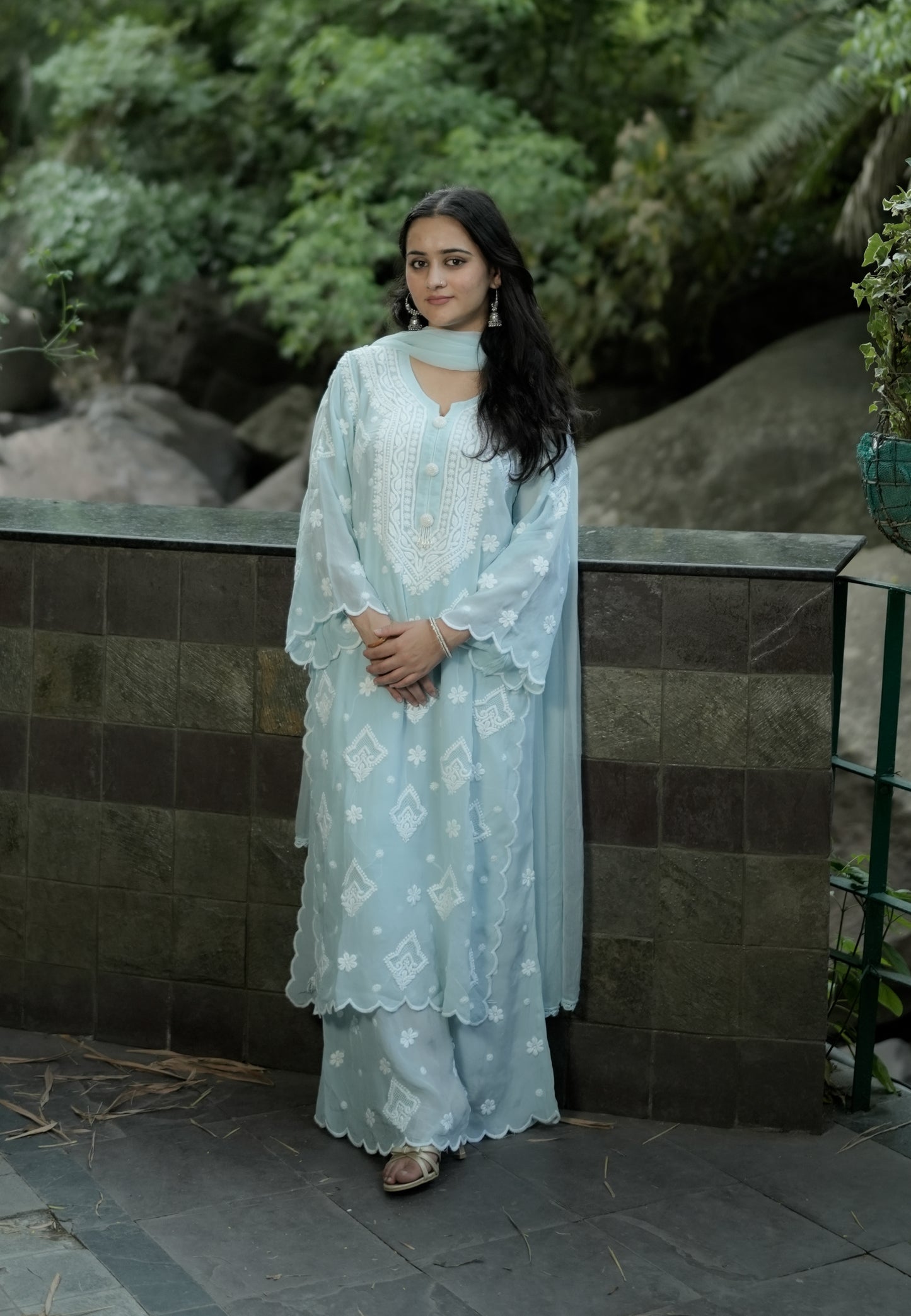 Pure Crepe Sky Blue Chikankari Kurta Set with Dupatta