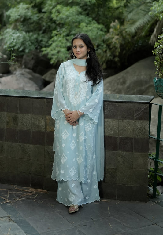 Pure Crepe Sky Blue Chikankari Kurta Set with Dupatta