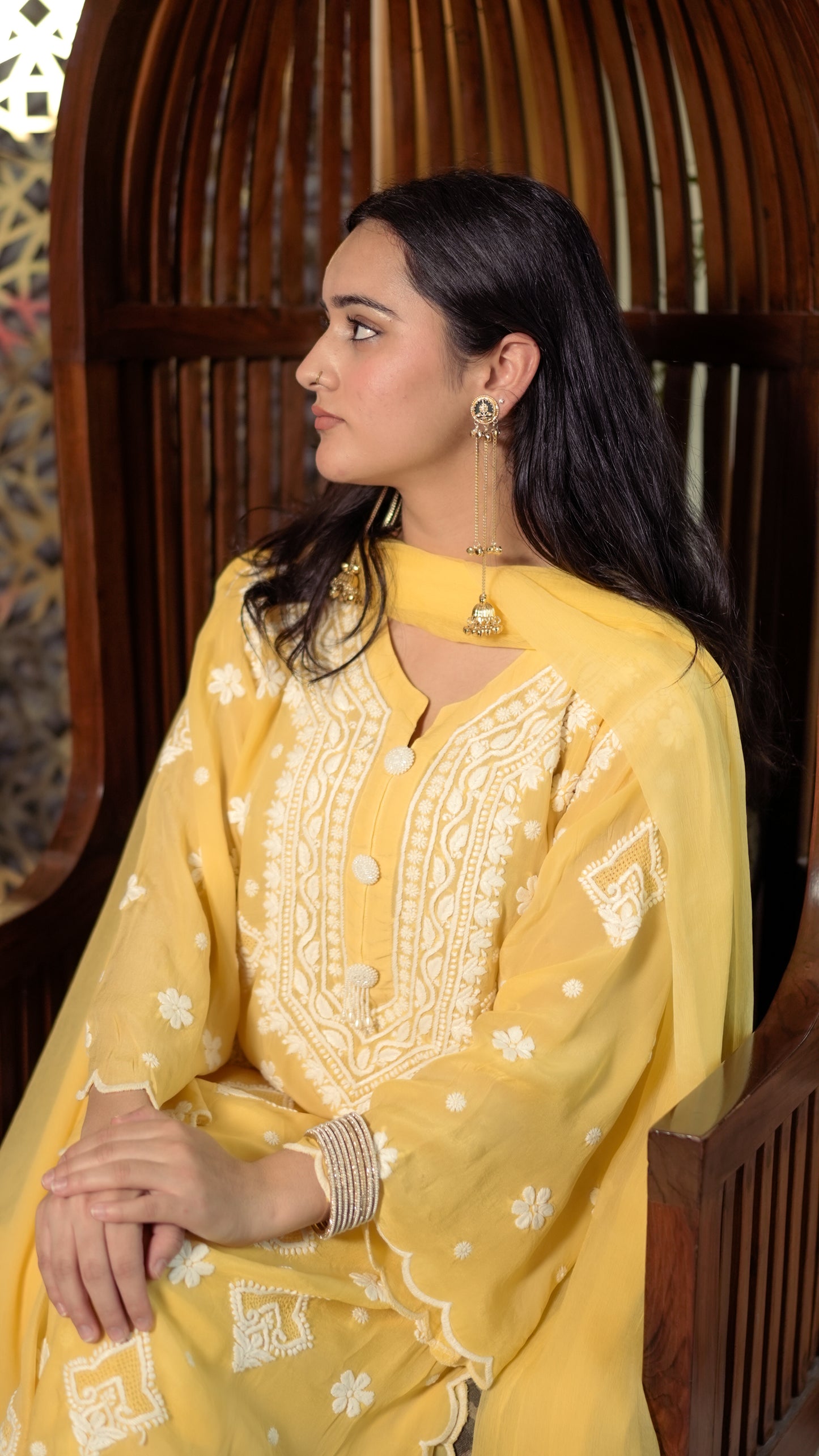 Pure Crepe Yellow Chikankari Kurta Set with Dupatta