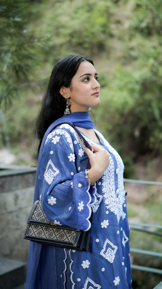 Pure Crepe Blue Chikankari Kurta Set with Dupatta