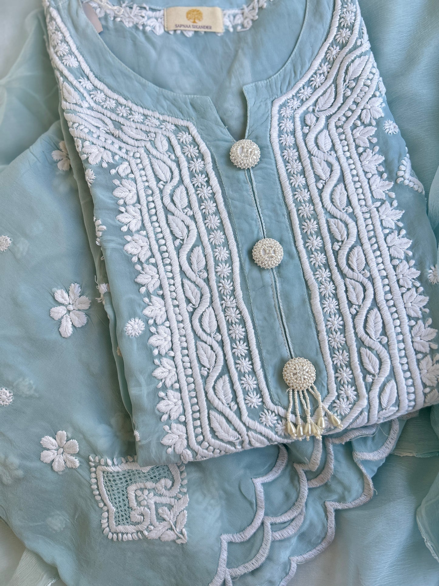 Pure Crepe Sky Blue Chikankari Kurta Set with Dupatta