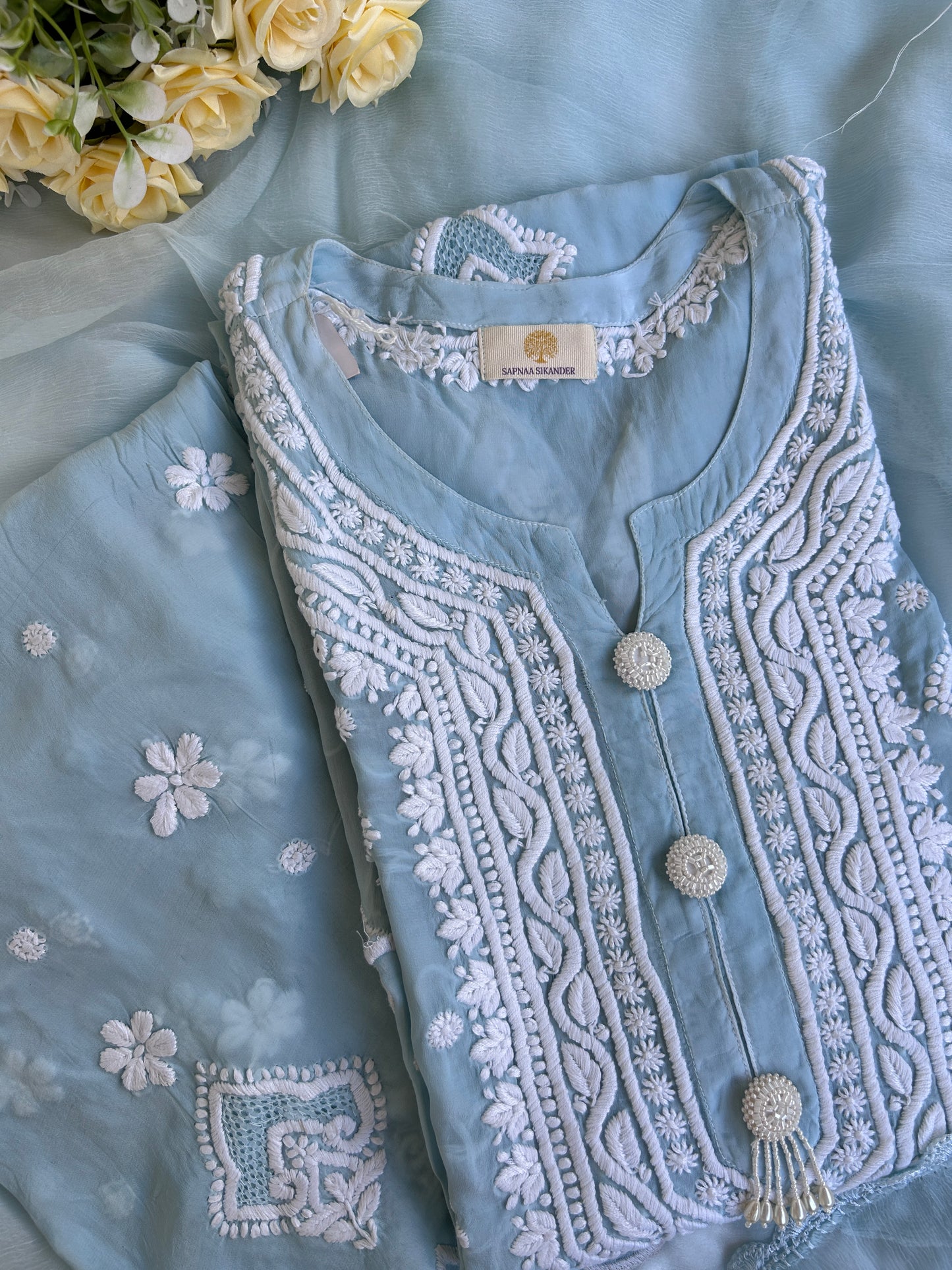 Pure Crepe Sky Blue Chikankari Kurta Set with Dupatta