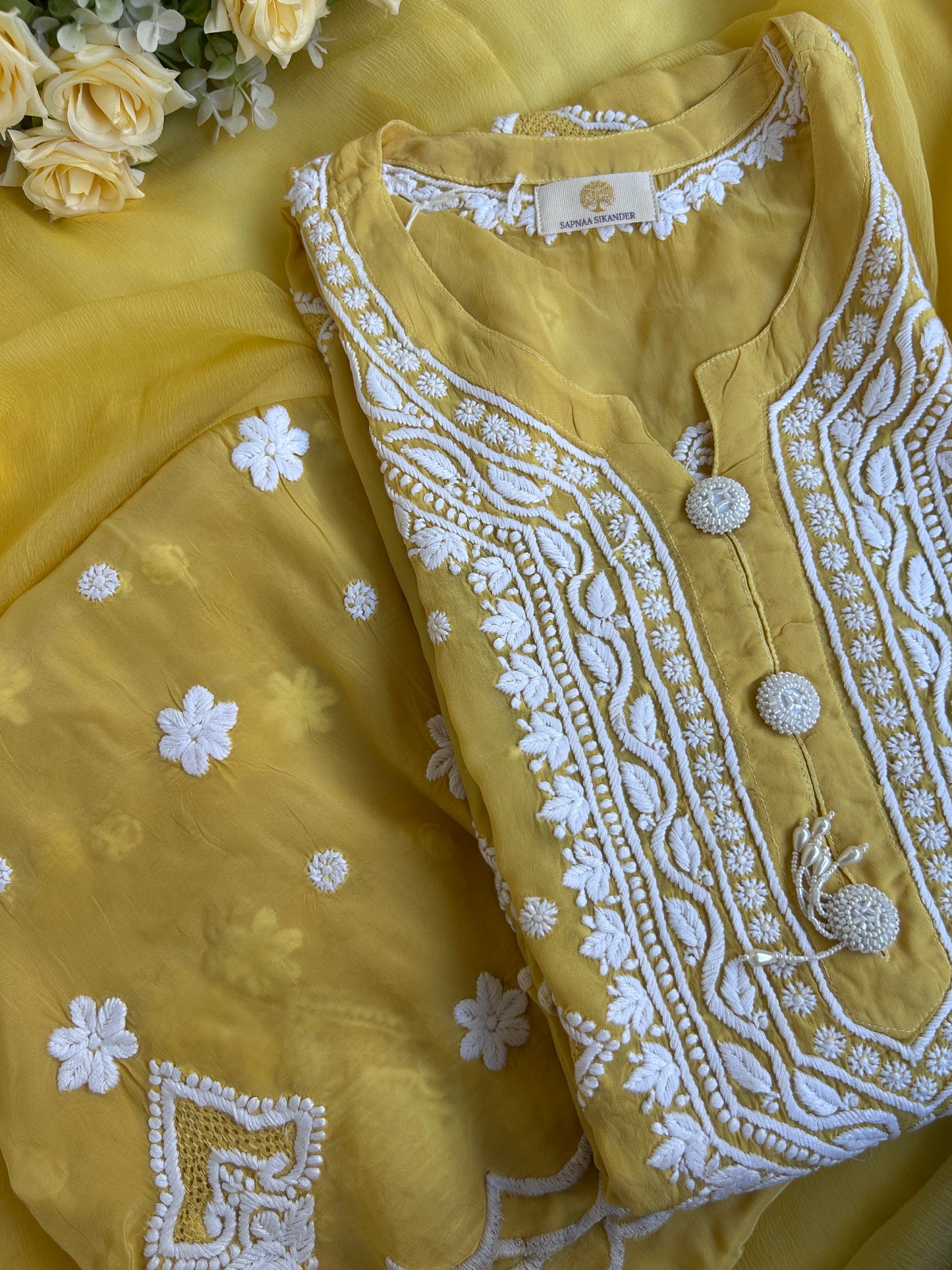 Pure Crepe Yellow Chikankari Kurta Set with Dupatta