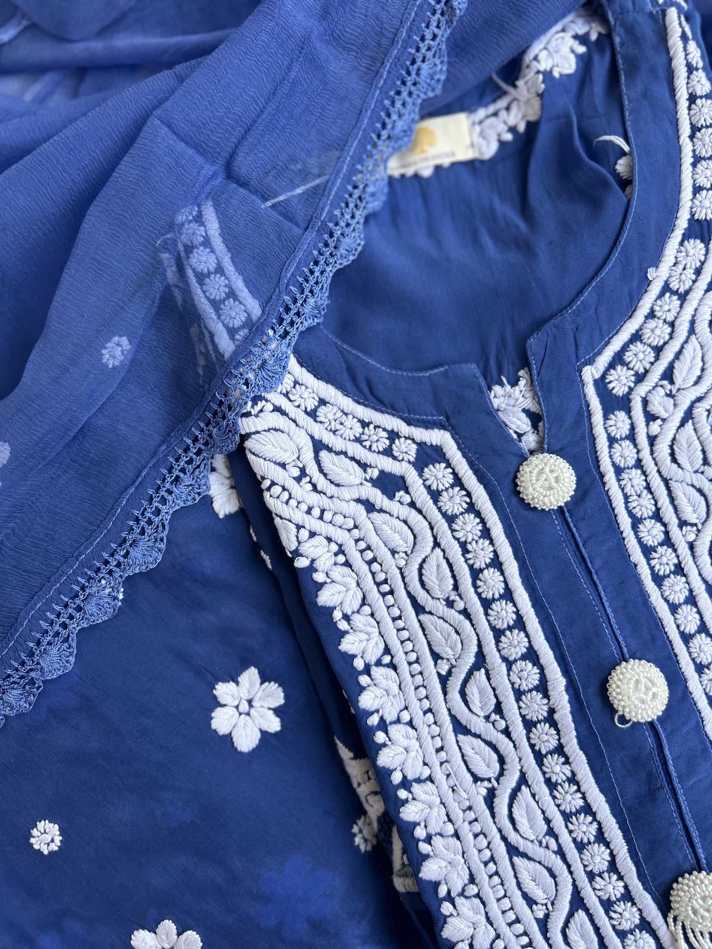 Pure Crepe Blue Chikankari Kurta Set with Dupatta