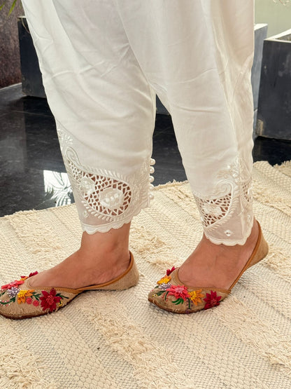 White Straight Pants with Lace & Pearl Detailing