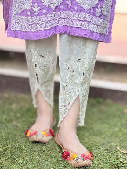 Off-White Tulip Pants with Floral Cutwork